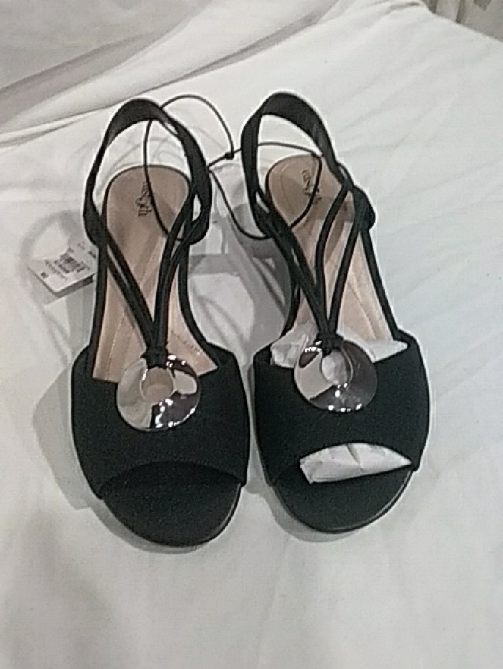 East 5th Black Slingback Heels with Silver Disc Accent